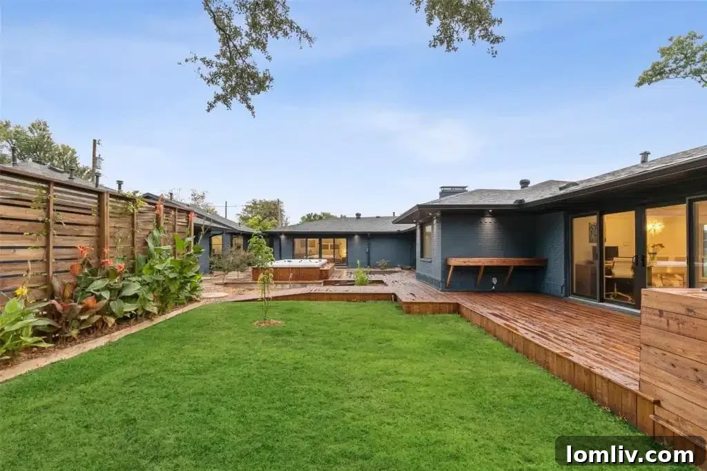 Outdoor Oasis: Stylish Backyard with Wood Decking, Hot Tub, and Spa