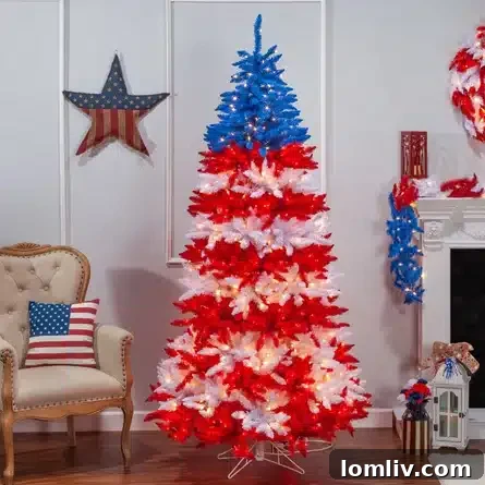 Americana themed red, white, and blue Christmas tree