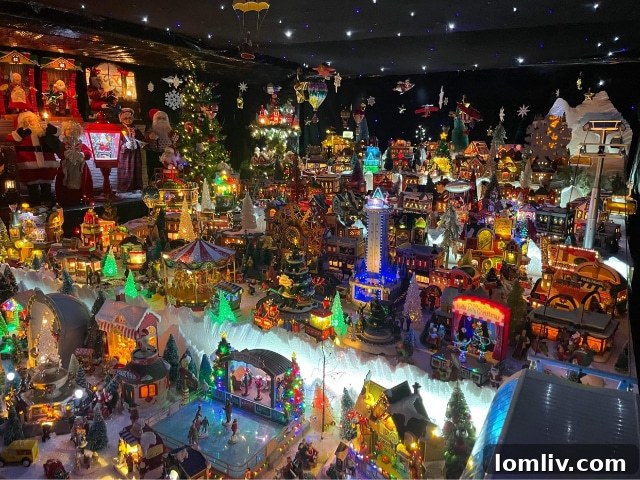 A close-up view of the intricate details of the Burkman Holiday Home Christmas lights, showing vibrant colors and festive figures.