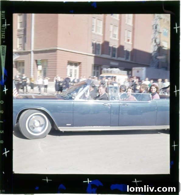 Presidential limousine turning onto Elm Street, Dealey Plaza, November 22, 1963.