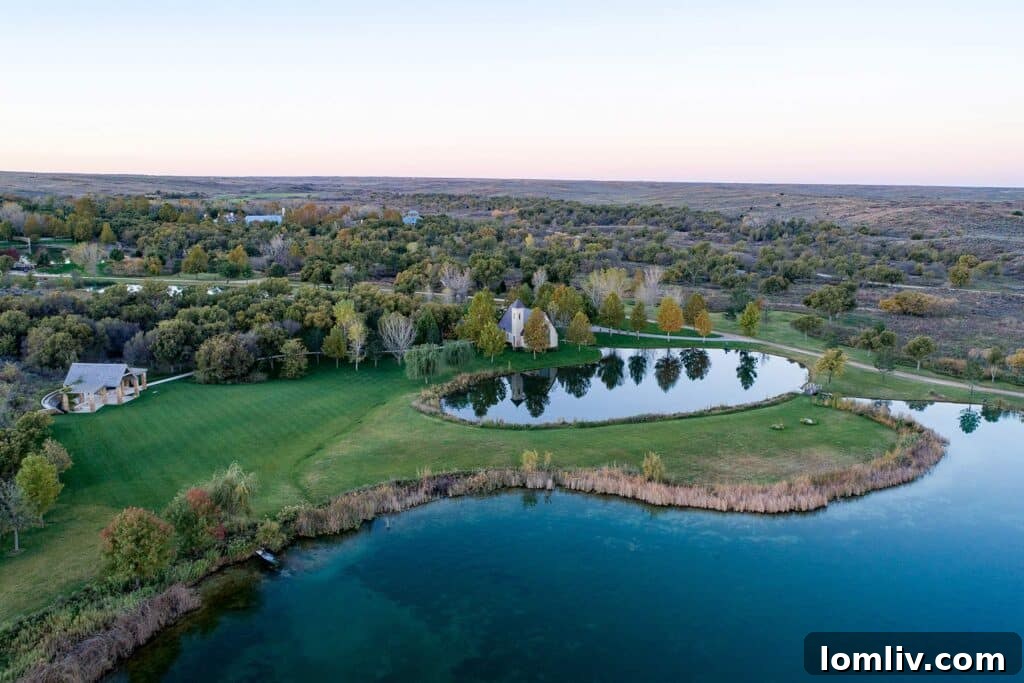 Mesa Vista Ranch aerial view, showing vast landscapes and meticulously crafted water features in the Texas Panhandle.