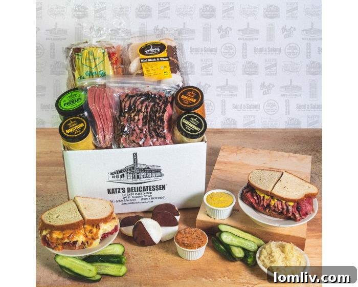 The Ultimate Holiday Gift Guide 7 An enticing Katz's Delicatessen Box filled with gourmet deli items like sliced meats, pickles, and mustard, promising an authentic New York experience.