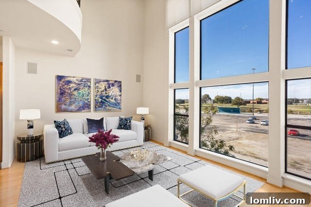 Living area with high ceilings and abundant windows, Fort Worth condo