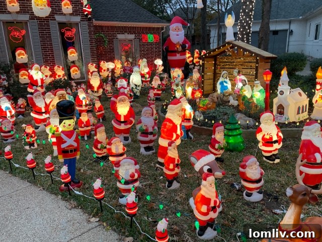 A detailed section of the Grapevine Santa House display, showcasing a variety of Santa figures and other traditional festive lights and decorations.