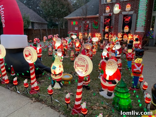 An illuminated nighttime view of the extensive Santa Claus display, with a stream of cars passing by, symbolizing its popularity.