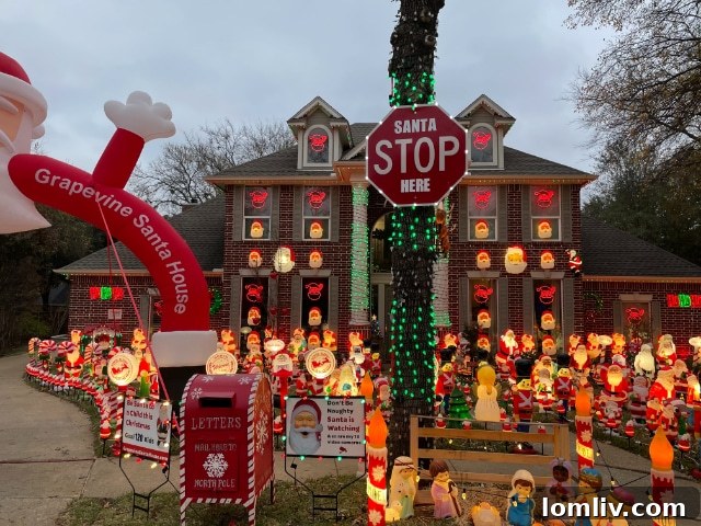 Young children, bundled in winter clothing, gaze in wonder at the impressive number of Santa figures, their faces alight with holiday joy.