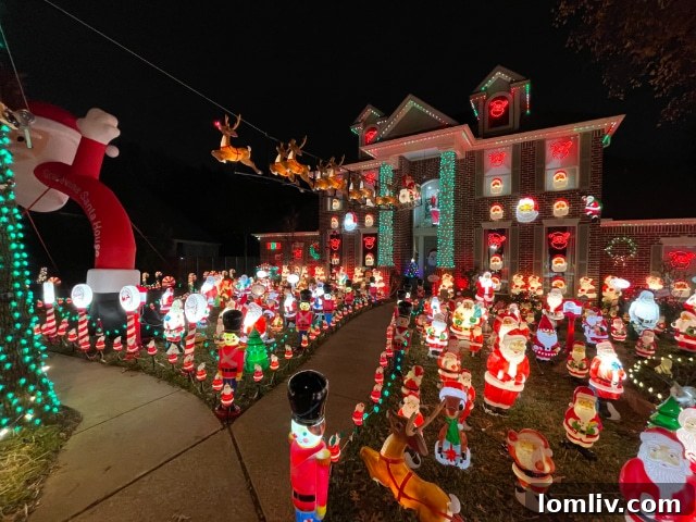 Louie Murillo standing proudly next to his immense collection of vintage blow-mold Santas, showcasing the scale of his dedication.