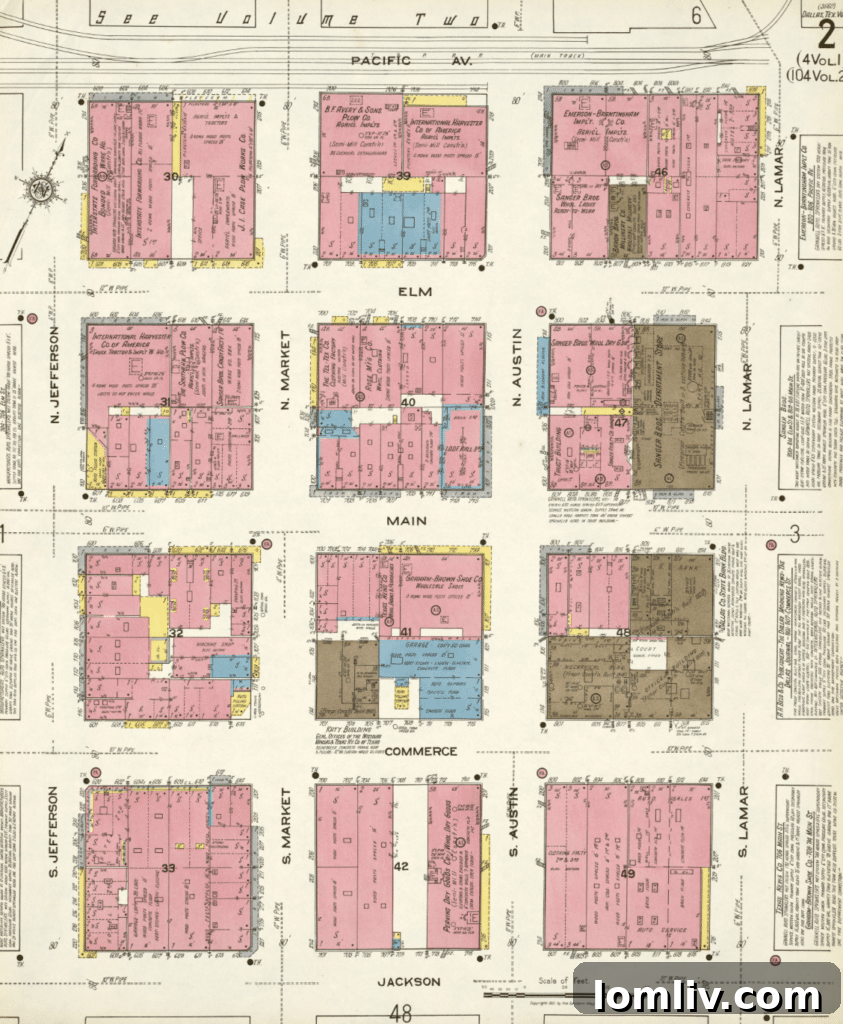Detailed Sanborn map section with colored buildings