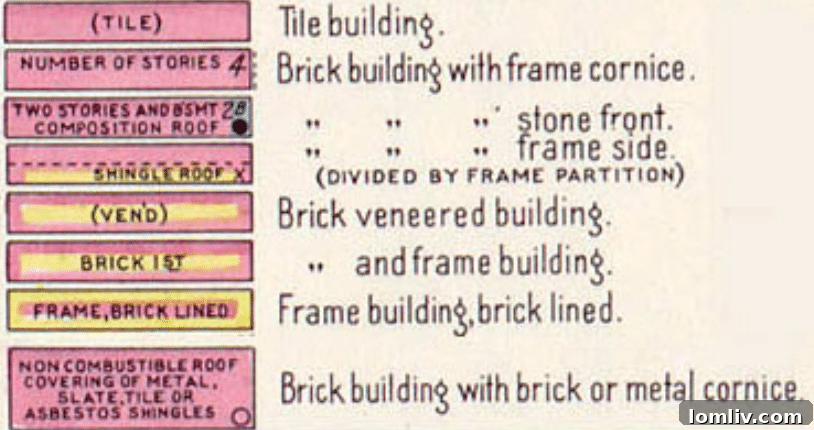 Sanborn map key for colors illustrating building materials