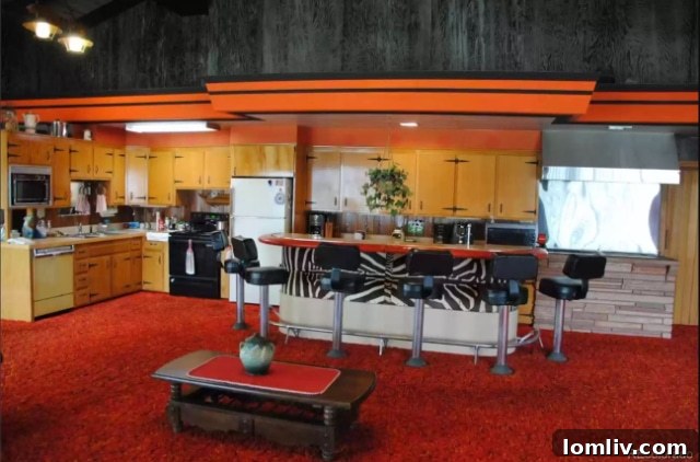 A vibrant, intensely colorful interior room, possibly with wall-to-wall carpet, showcasing a bold and perhaps overwhelming aesthetic.