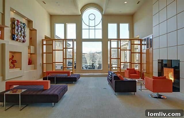 Elegant Living Room with Soaring Ceilings and Large Windows