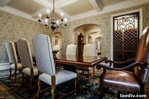 Formal Dining Room with Cross Beam Ceiling and Wine Cellar View