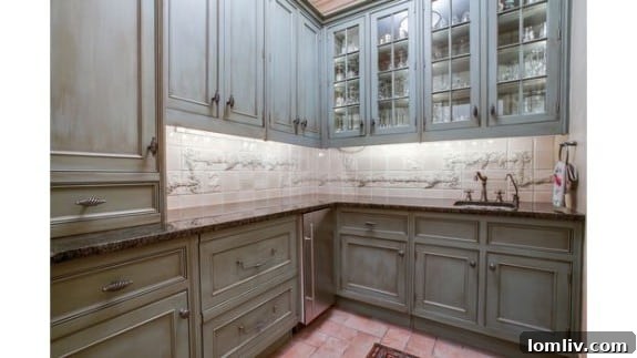 Elegant bar area featuring a 75-bottle SubZero wine chiller and storage vault