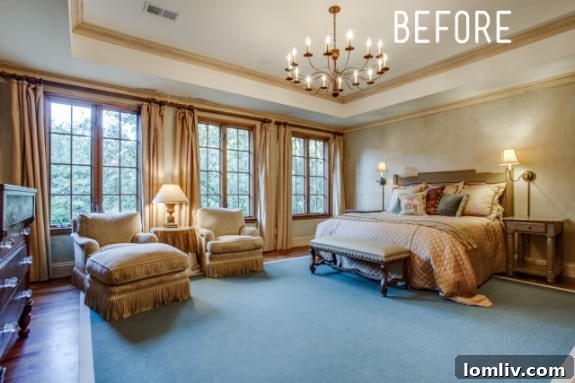 Before: A master bedroom with personal items and dated decor