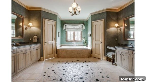 Luxurious master bathroom with custom tile, jacuzzi, his-and-hers vanities, and a private water closet