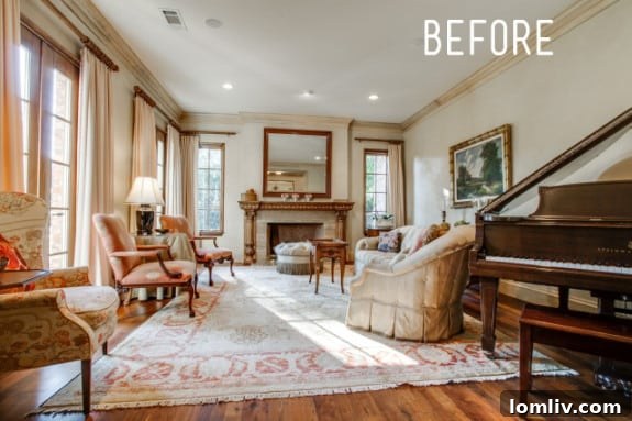 Before: Cluttered living room with excessive furniture and decor