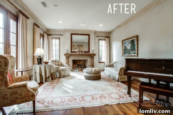 After: Elegantly staged living room, open and inviting, showcasing architectural features