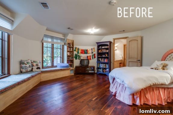 Before: A child's bedroom with a twin bed and various personal items