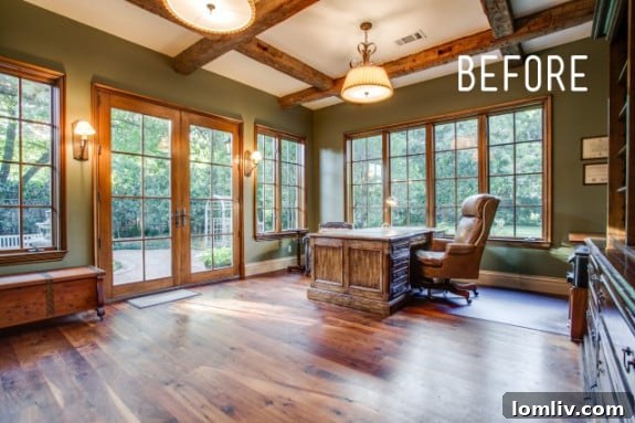 Before: A crowded second-floor study with a large desk and awkward layout