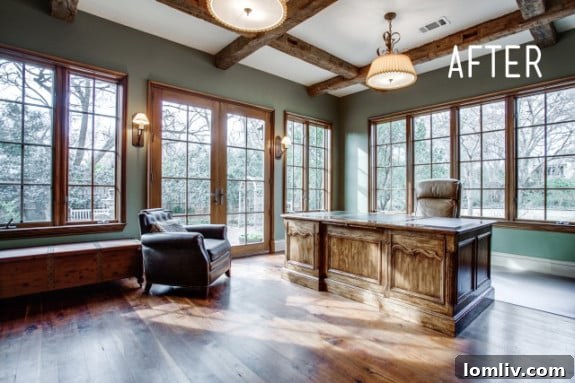 After: A tranquil and inviting reading room, showcasing the iron railings and elegant fixtures