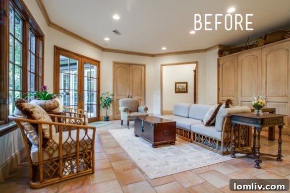 Before: A keeping room with excess furniture, hindering its potential