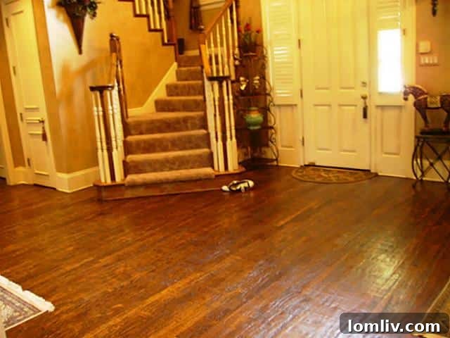 Foyer at 5219 Scarborough Lane displaying personal items, detracting from the entry's grand impression
