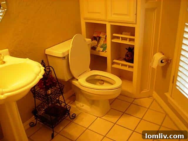 Half-bath at 5219 Scarborough Lane with visible reading materials, highlighting the need for thorough decluttering