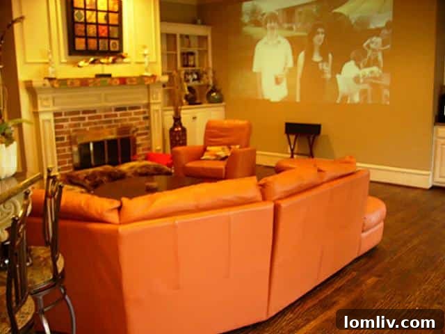 Family room at 5219 Scarborough Lane featuring an unidentified 'projection thingee' on the wall, emphasizing the importance of removing distractions