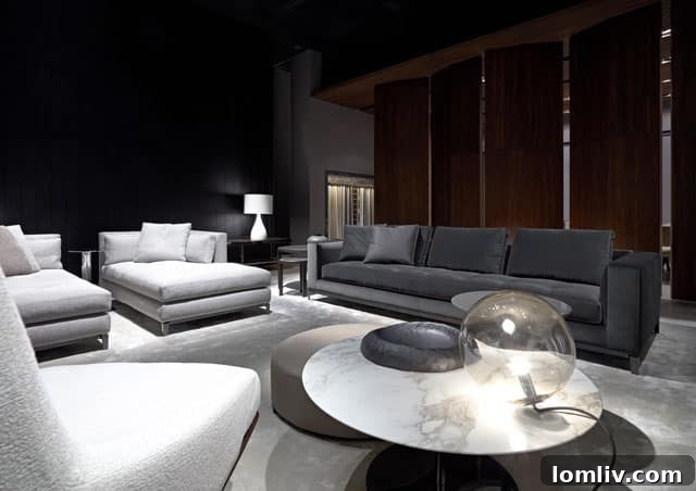 Minotti Anderson Sofa Series with quilted full-bench seat cushions, a blend of traditional and contemporary design