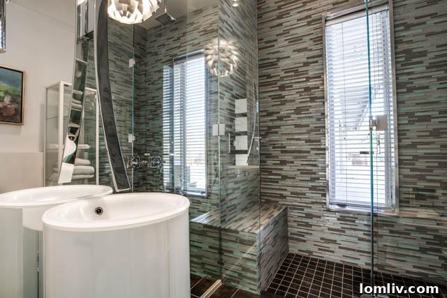 Luxurious master bathroom with unique design elements and high-end fixtures
