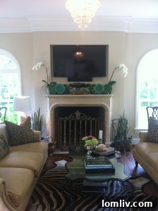 Living room with imported antique fireplace