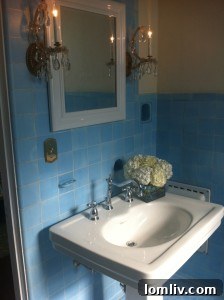 Close-up of original blue bathroom details