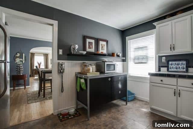 Bright kitchen at 2531 W 10th Street featuring white cabinetry, beadboard, vintage-style tile, and stainless steel appliances