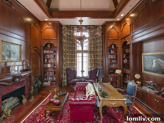 Sophisticated study with rich wood paneling at 9250 Meadowbrook Drive