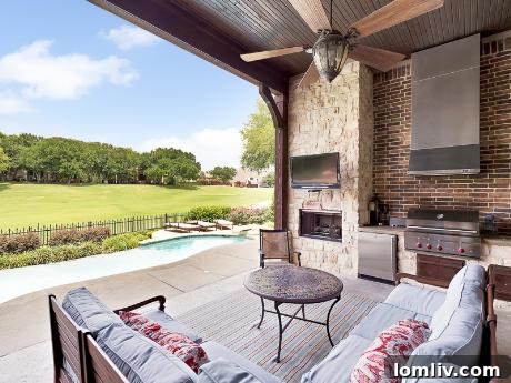 European-Style Patio with Outdoor Kitchen and Pool Overlooking Mira Vista Country Club