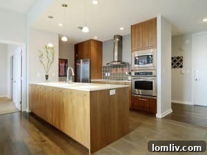 Long shot view of kitchen and adjacent area in unit 616