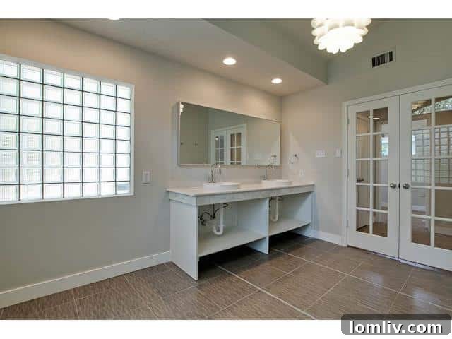 Spacious Master Bathroom with Dual Vanities and Chic Marble Finishes