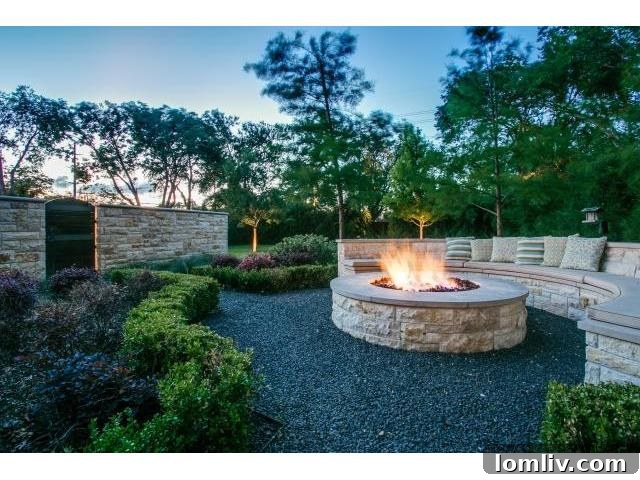 Cozy fire pit area with built-in seating, ideal for gathering on cool evenings