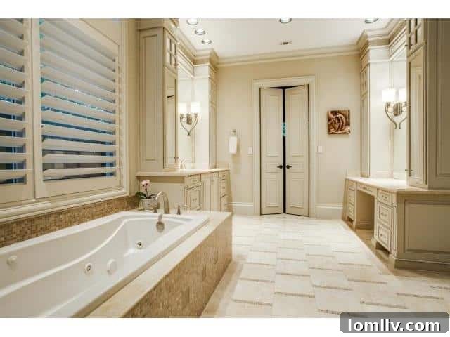 Spa-like master bathroom with a freestanding tub and elegant stone tiling