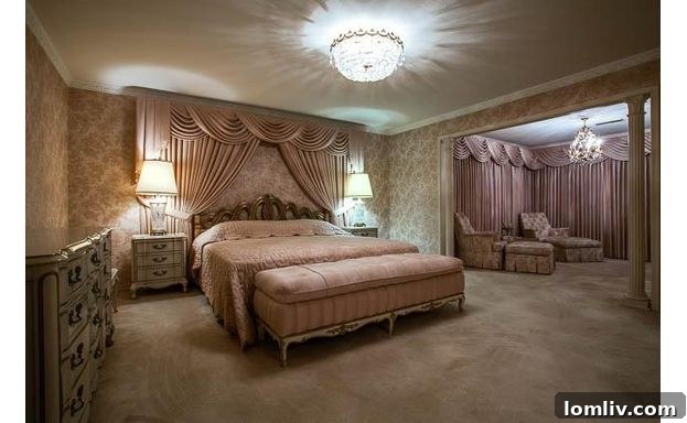 Westlake Master Bedroom - Before Renovation: With mauve swag curtains and plush carpet