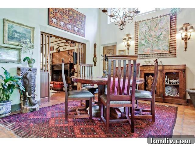The formal dining room, set for elegant gatherings amidst the unique backdrop of 3544 Rankin Street's worldly charm.