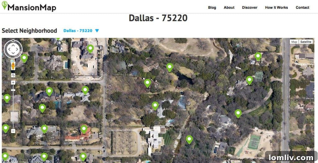 Bird's-eye view of luxury mansions in Dallas's Preston Hollow 75220 zip code.