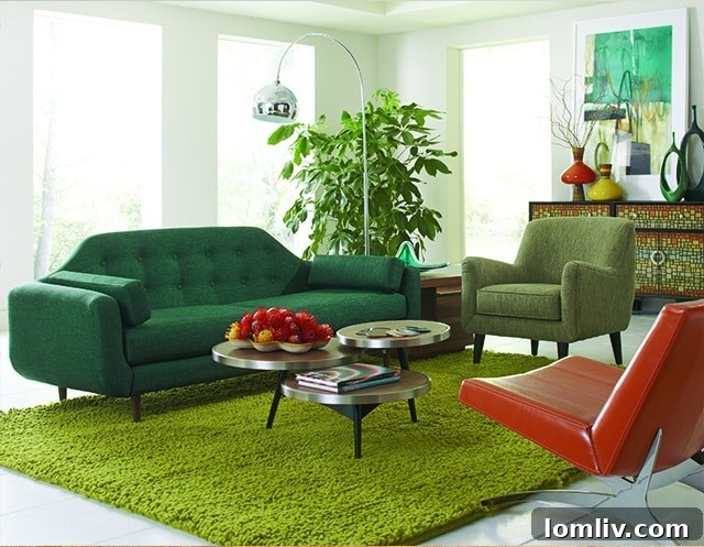 Modern lounge seating and accent chairs suitable for staging a mid-century modern home.