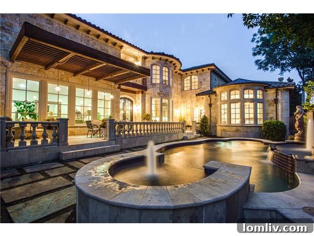 Beyond Grand: Preston Hollow's Mediterranean Villa, Brady Bunch-Sized and Stunning 23 6326 Lakehurst Dallas - Rear View with Swimming Pool and Fountain