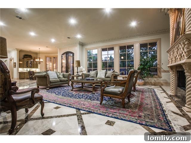 Beyond Grand: Preston Hollow's Mediterranean Villa, Brady Bunch-Sized and Stunning 9 6325 Lakehurst Dallas - Family Room with Fireplace
