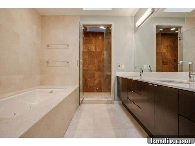 Luxurious master bathroom with jetted tub, stone finishes, and modern vanity