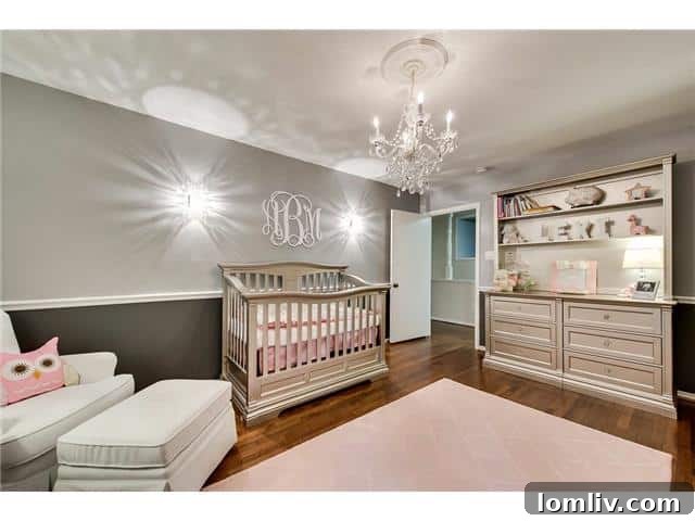 Sparkman Club: A Blend of Classic Elegance and Modern Luxury, Featuring a Magnificent Pool 13 Adorable princess-themed nursery upstairs at 3242 Princess Lane, featuring a charming chandelier and whimsical decor.