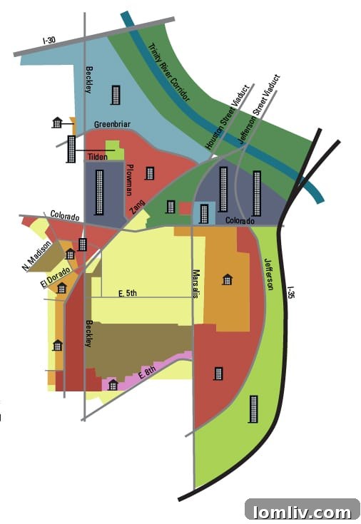Map illustrating the specific areas affected by the Oak Cliff Gateway rezoning initiative in North Oak Cliff, Dallas, highlighting the regions designated for new development regulations.