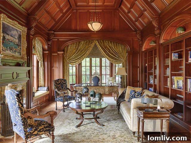 Cherry wood-paneled library crafted from imported Honduras Mahogany
