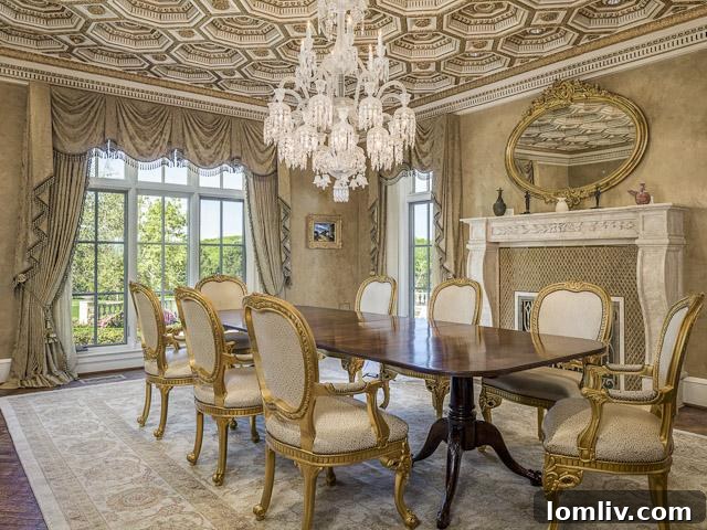 Elegant dining room with 24-karat gold leaf ceiling and Baccarat chandelier